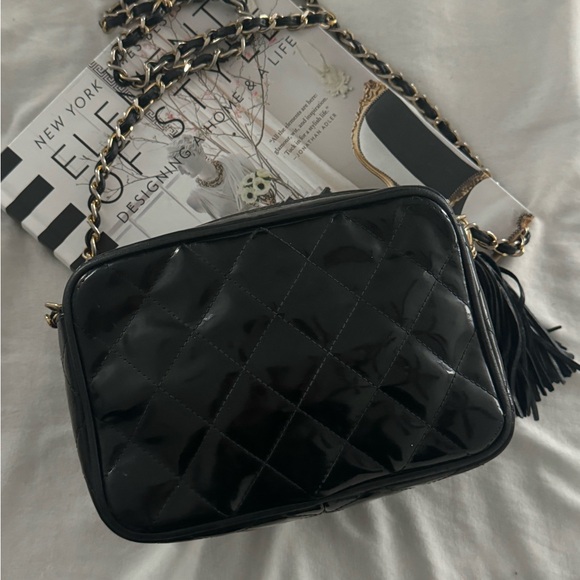 Authentic CHANEL BLACK PATENT SMALL CC TASSEL CAMERA BAG - Picture 2 of 13